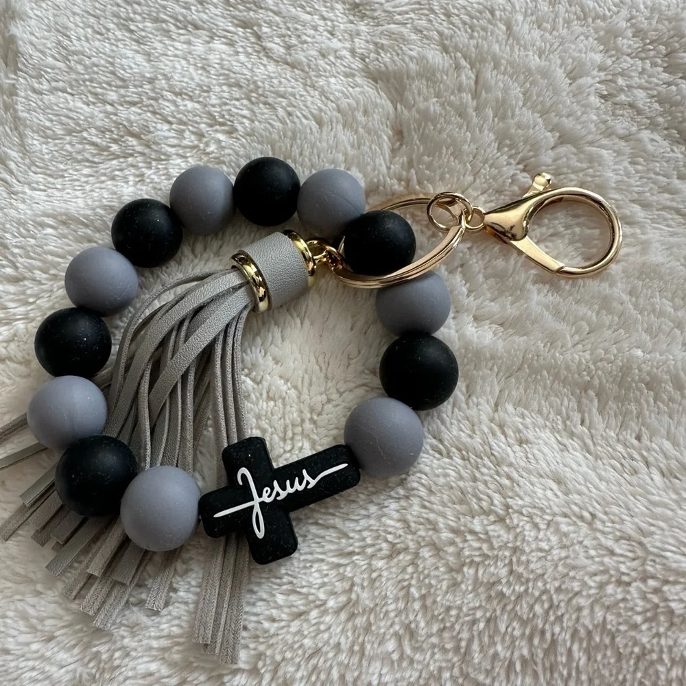 Wristlet Keychain Jesus Cross Tassel Black & Gray Beaded Keychain Bracelet NWT